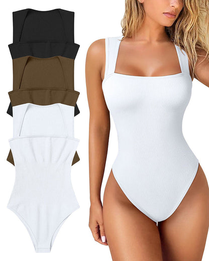 Sexy Geribbelde Strappy Vierkante Hals Mouwloze Buikcontrole Tanktops Bodysuits